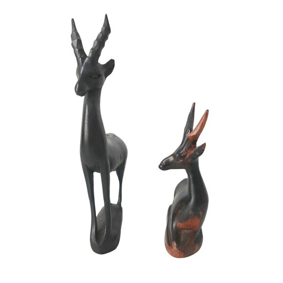 2 Hand Carved Ebony & Wood Antelope Sculpture Figurines Set - Picture 2 of 6
